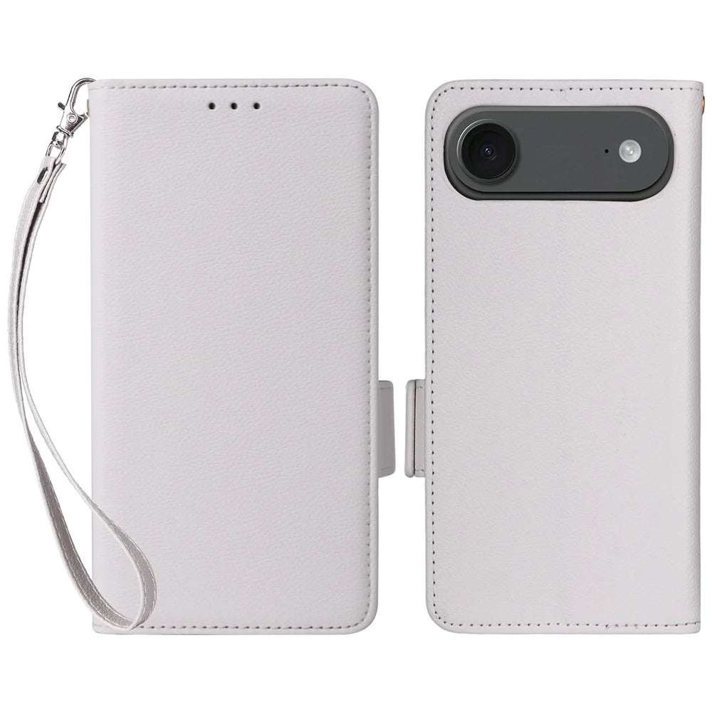 For iPhone Air Case with Wrist Strap Litchi Texture PU Leather Wallet Phone Cover - White - 1