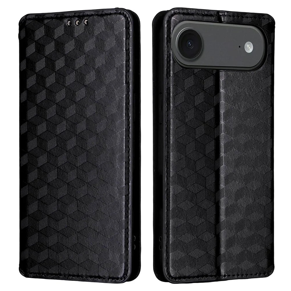 For iPhone Air Case Wallet Rhombus Imprinted Leather Phone Cover - Black - 1