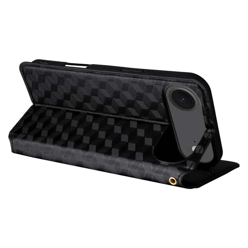 For iPhone Air Case Wallet Rhombus Imprinted Leather Phone Cover - Black - 5