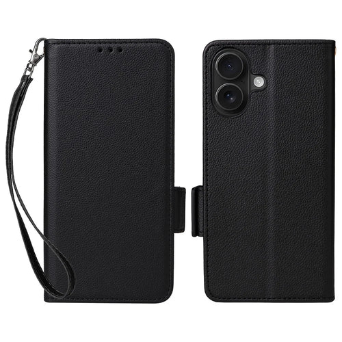 For iPhone 17 Case with Wrist Strap Litchi Texture PU Leather Wallet Phone Cover - Black - 1