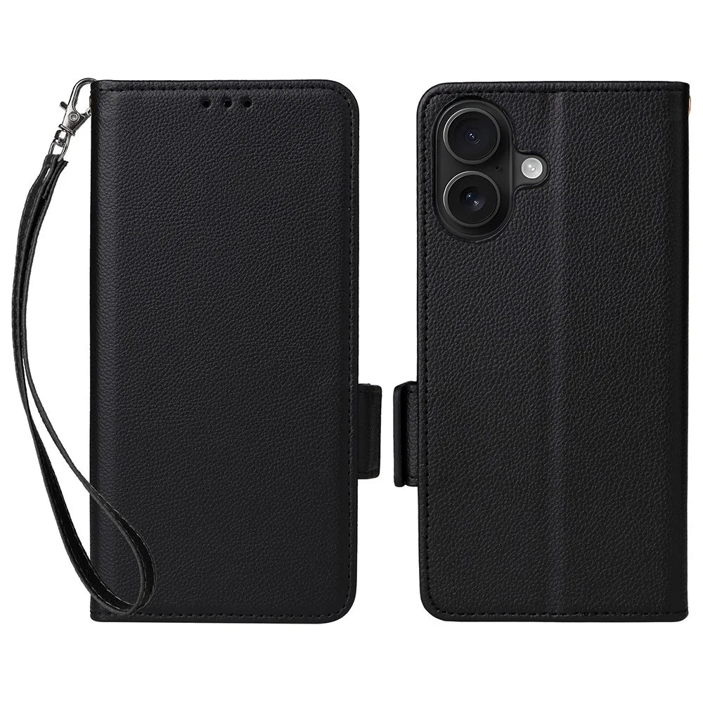 For iPhone 17 Case with Wrist Strap Litchi Texture PU Leather Wallet Phone Cover - Black - 1