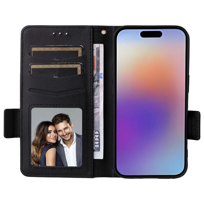 For iPhone 17 Case with Wrist Strap Litchi Texture PU Leather Wallet Phone Cover - Black - 2