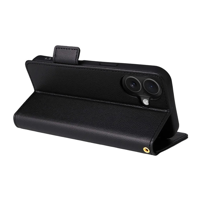 For iPhone 17 Case with Wrist Strap Litchi Texture PU Leather Wallet Phone Cover - Black - 3