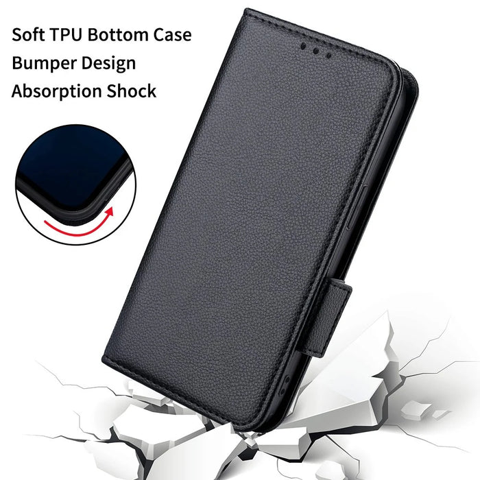 For iPhone 17 Case with Wrist Strap Litchi Texture PU Leather Wallet Phone Cover - Black - 6