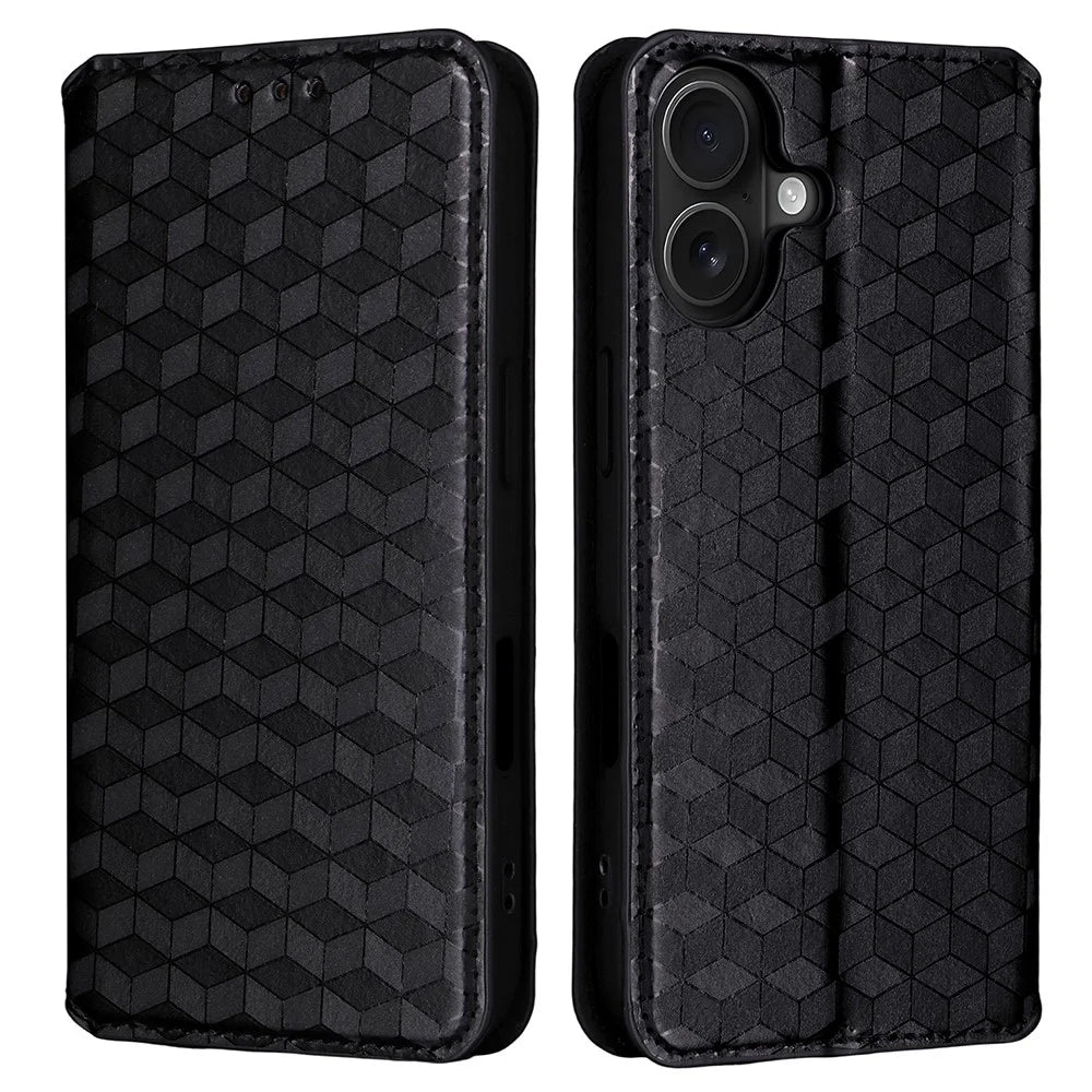 For iPhone 17 Case Wallet Rhombus Imprinted Leather Phone Cover - Black - 1