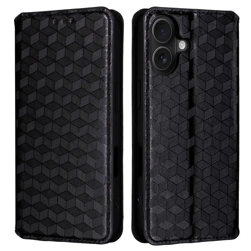 For iPhone 17 Case Wallet Rhombus Imprinted Leather Phone Cover - Black - 1