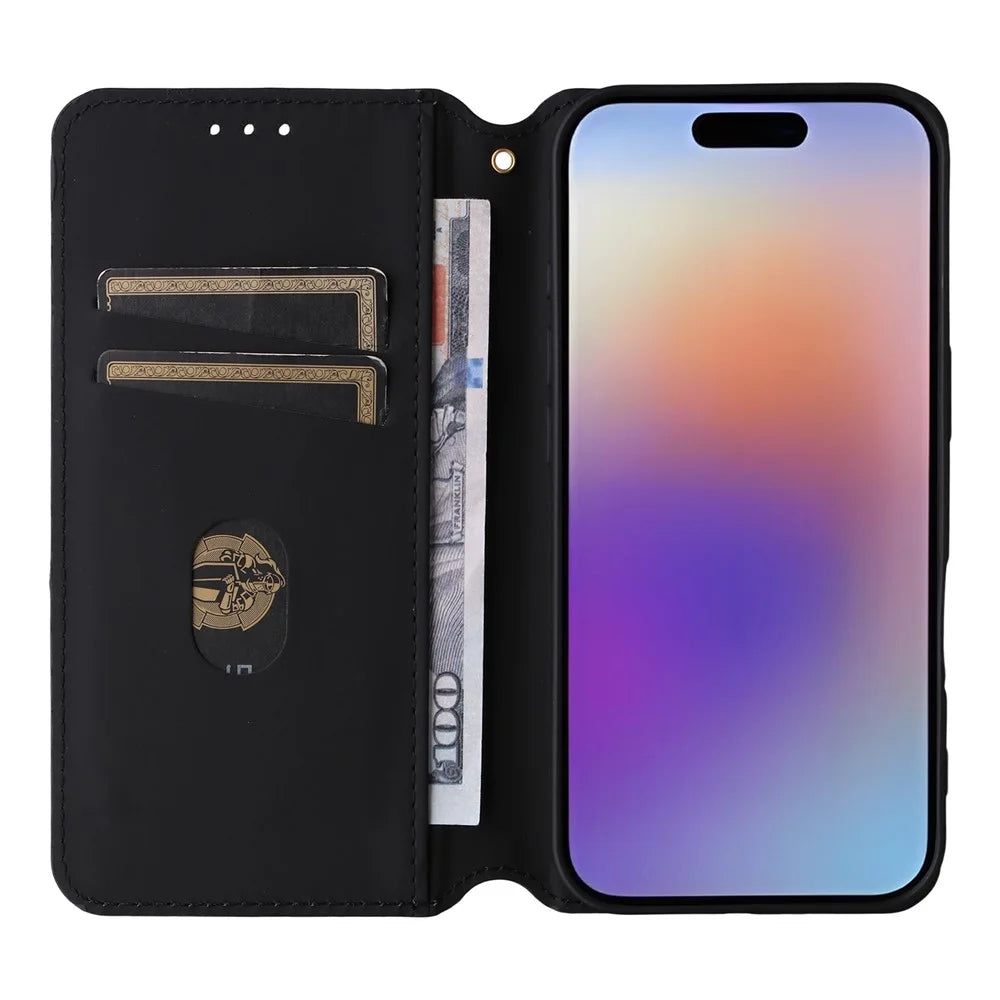 For iPhone 17 Case Wallet Rhombus Imprinted Leather Phone Cover - Black - 2