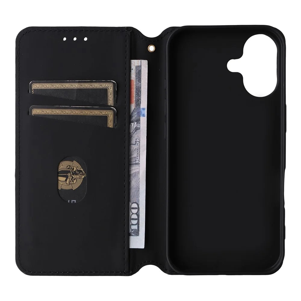 For iPhone 17 Case Wallet Rhombus Imprinted Leather Phone Cover - Black - 3