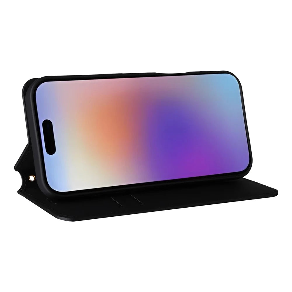 For iPhone 17 Case Wallet Rhombus Imprinted Leather Phone Cover - Black - 4