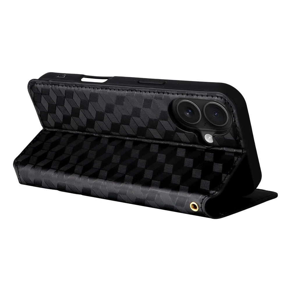 For iPhone 17 Case Wallet Rhombus Imprinted Leather Phone Cover - Black - 5