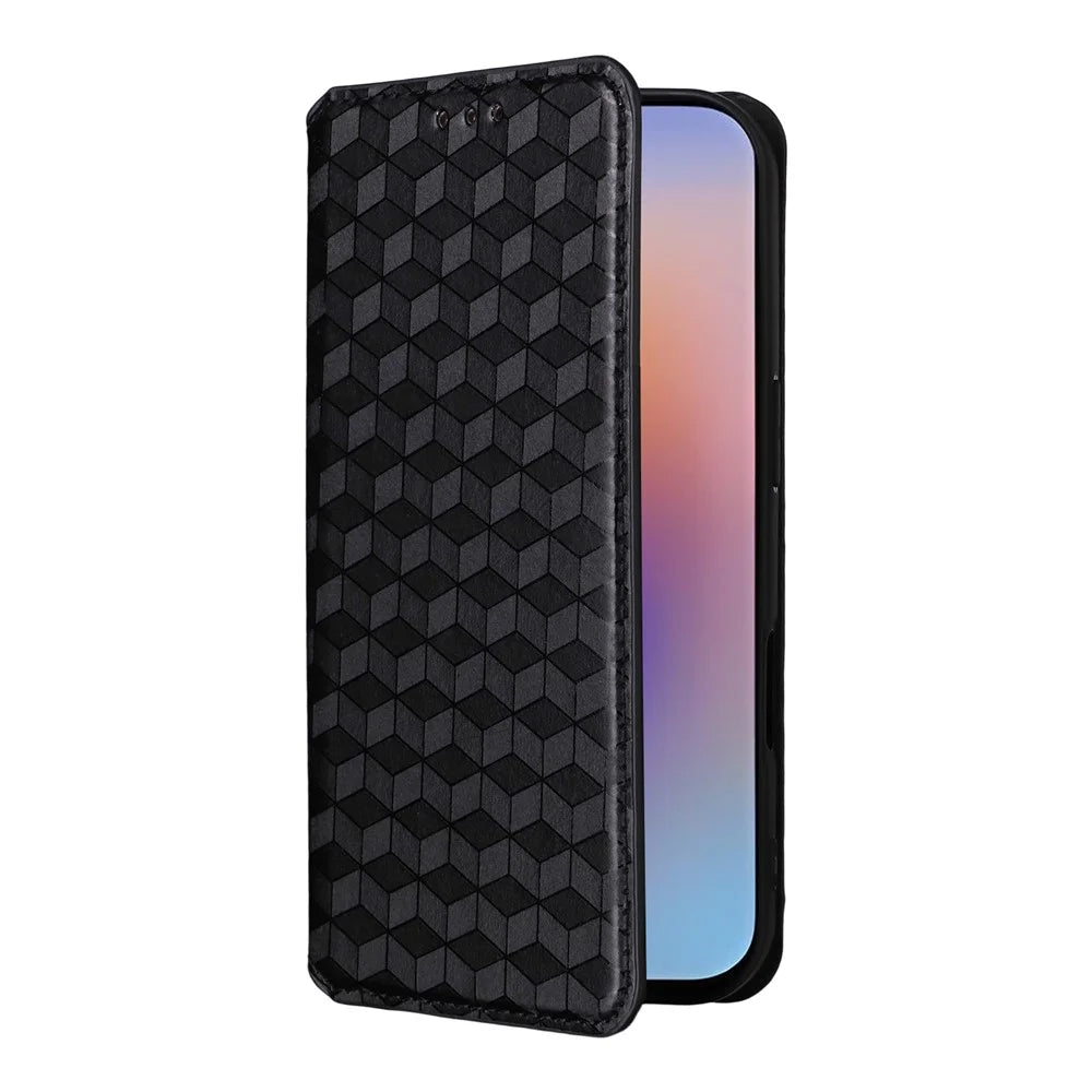For iPhone 17 Case Wallet Rhombus Imprinted Leather Phone Cover - Black - 6