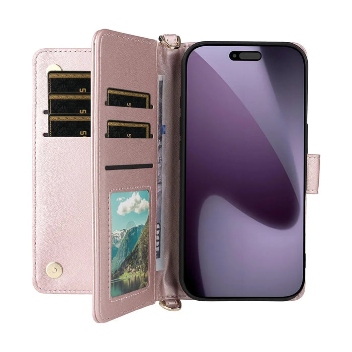 For iPhone 18 Pro / 17 Pro Case with Shoulder  /  Wrist Strap Leather Phone Cover Stand Wallet - Pink - 2