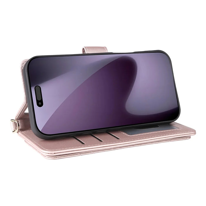 For iPhone 18 Pro / 17 Pro Case with Shoulder  /  Wrist Strap Leather Phone Cover Stand Wallet - Pink - 5