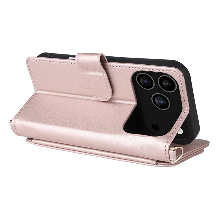 For iPhone 18 Pro / 17 Pro Case with Shoulder  /  Wrist Strap Leather Phone Cover Stand Wallet - Pink - 6