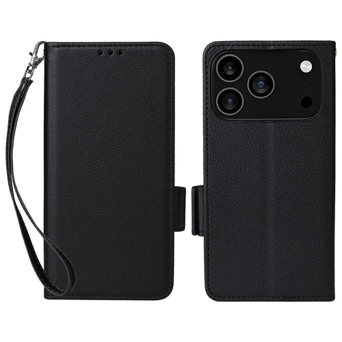 For iPhone 18 Pro / 17 Pro Case with Wrist Strap Litchi Texture PU Leather Wallet Phone Cover - Black - 1