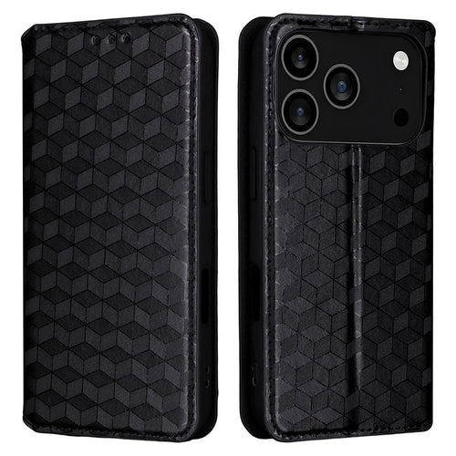 For iPhone 18 Pro / 17 Pro Case Wallet Rhombus Imprinted Leather Phone Cover - Black - 1