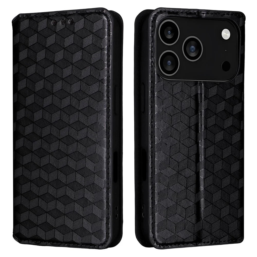 For iPhone 18 Pro / 17 Pro Case Wallet Rhombus Imprinted Leather Phone Cover - Black - 1