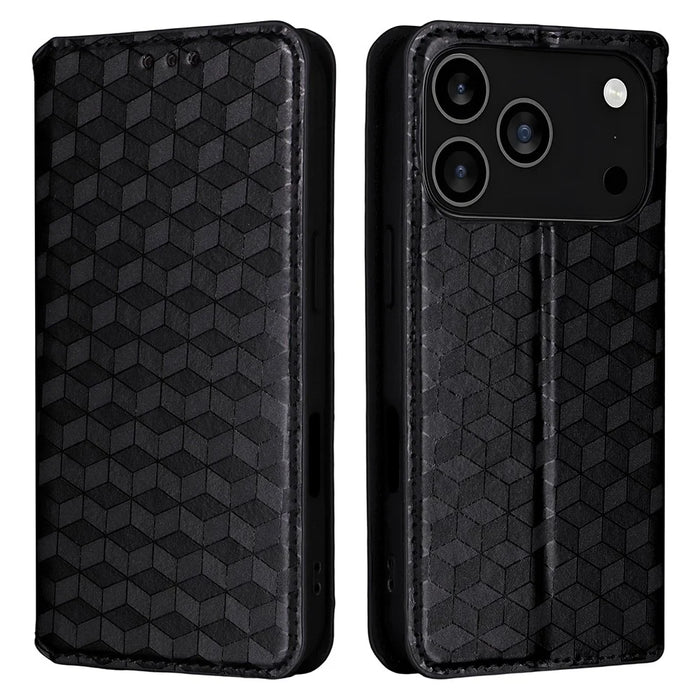 For iPhone 18 Pro / 17 Pro Case Wallet Rhombus Imprinted Leather Phone Cover - Black - 1
