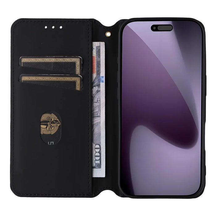 For iPhone 18 Pro / 17 Pro Case Wallet Rhombus Imprinted Leather Phone Cover - Black - 2