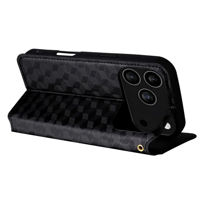 For iPhone 18 Pro / 17 Pro Case Wallet Rhombus Imprinted Leather Phone Cover - Black - 5