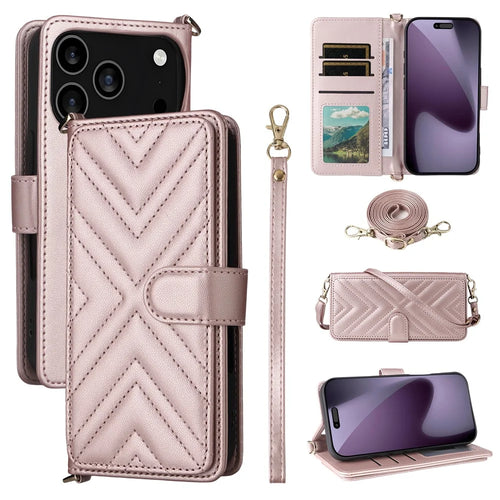 For iPhone 18 Pro Max / 17 Pro Max Case with Shoulder  /  Wrist Strap Leather Phone Cover Stand Wallet - Pink - 1