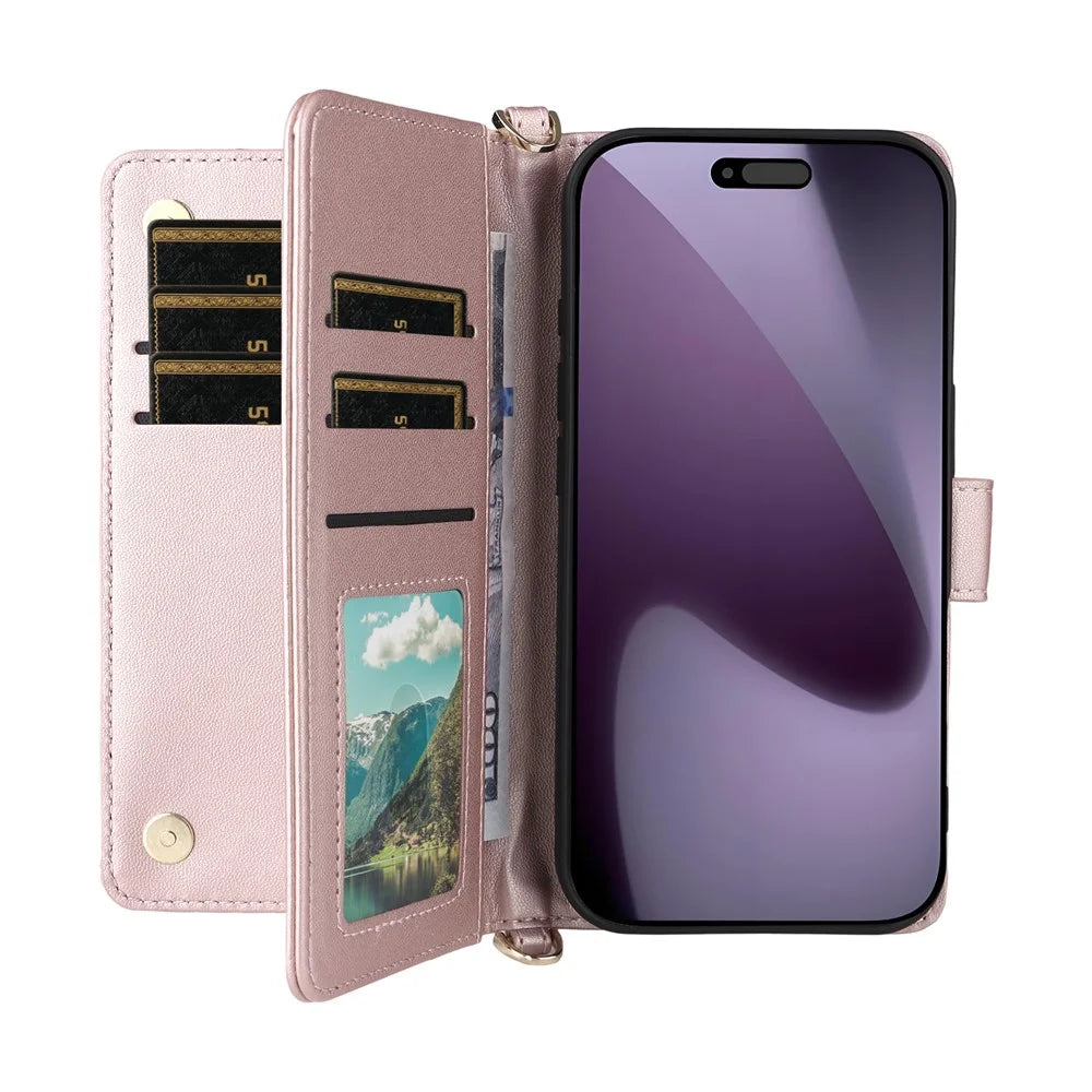 For iPhone 18 Pro Max / 17 Pro Max Case with Shoulder  /  Wrist Strap Leather Phone Cover Stand Wallet - Pink - 2