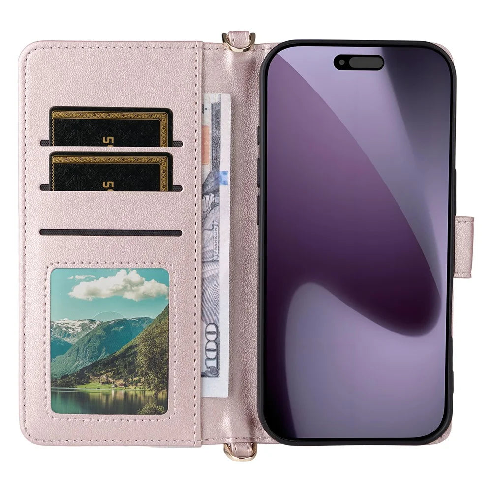 For iPhone 18 Pro Max / 17 Pro Max Case with Shoulder  /  Wrist Strap Leather Phone Cover Stand Wallet - Pink - 4