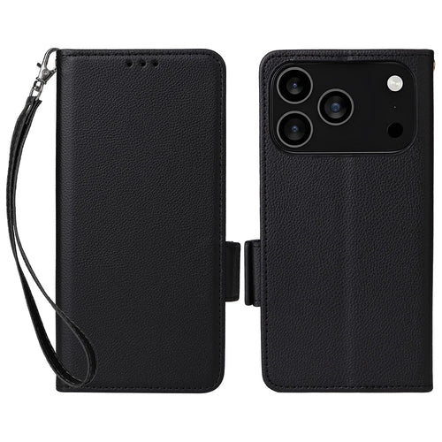 For iPhone 18 Pro Max / 17 Pro Max Case with Wrist Strap Litchi Texture PU Leather Wallet Phone Cover - Black - 1