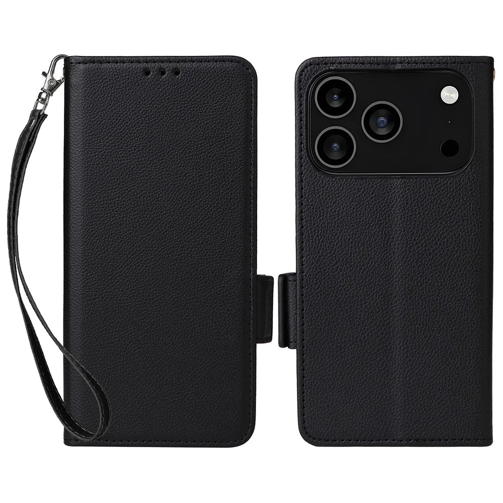 For iPhone 18 Pro Max / 17 Pro Max Case with Wrist Strap Litchi Texture PU Leather Wallet Phone Cover - Black - 1