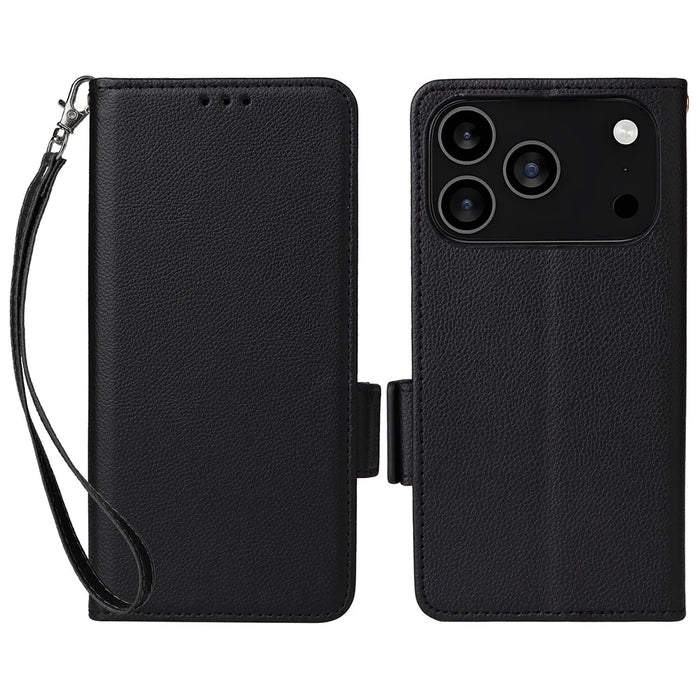 For iPhone 18 Pro Max / 17 Pro Max Case with Wrist Strap Litchi Texture PU Leather Wallet Phone Cover - Black - 1