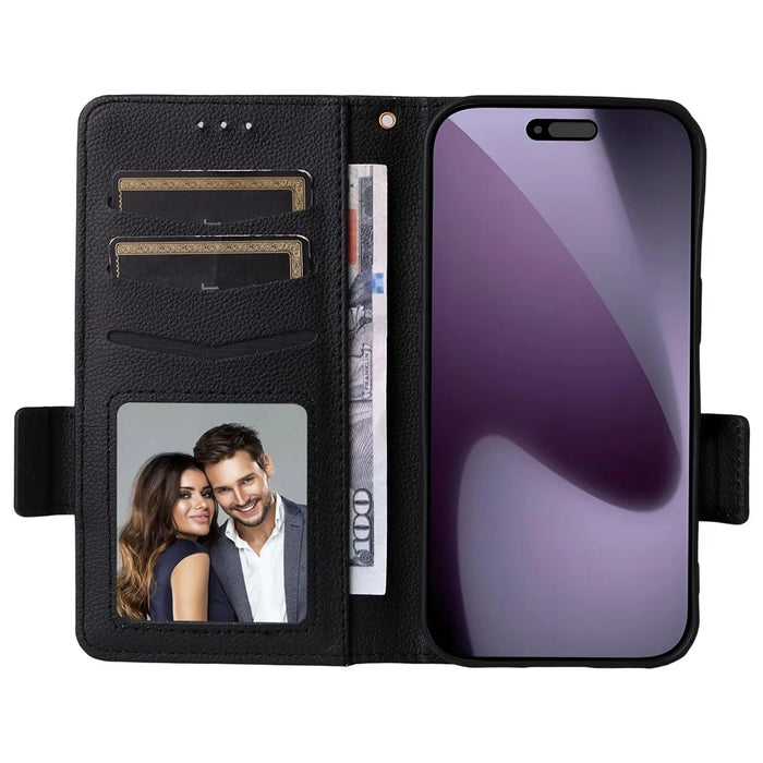 For iPhone 18 Pro Max / 17 Pro Max Case with Wrist Strap Litchi Texture PU Leather Wallet Phone Cover - Black - 2