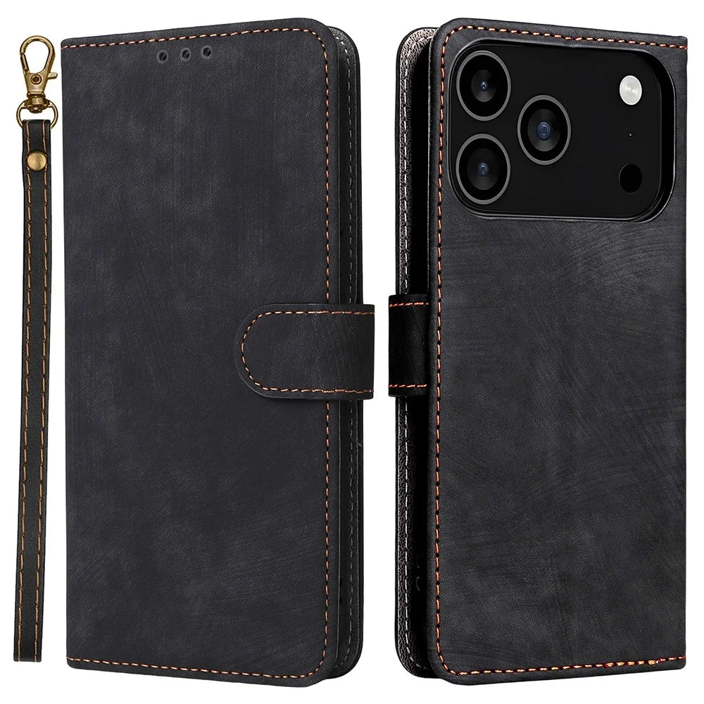 For iPhone 18 Pro Max / 17 Pro Max Case Wallet RFID Blocking PU Leather Phone Cover Stand with Strap - Black - 1