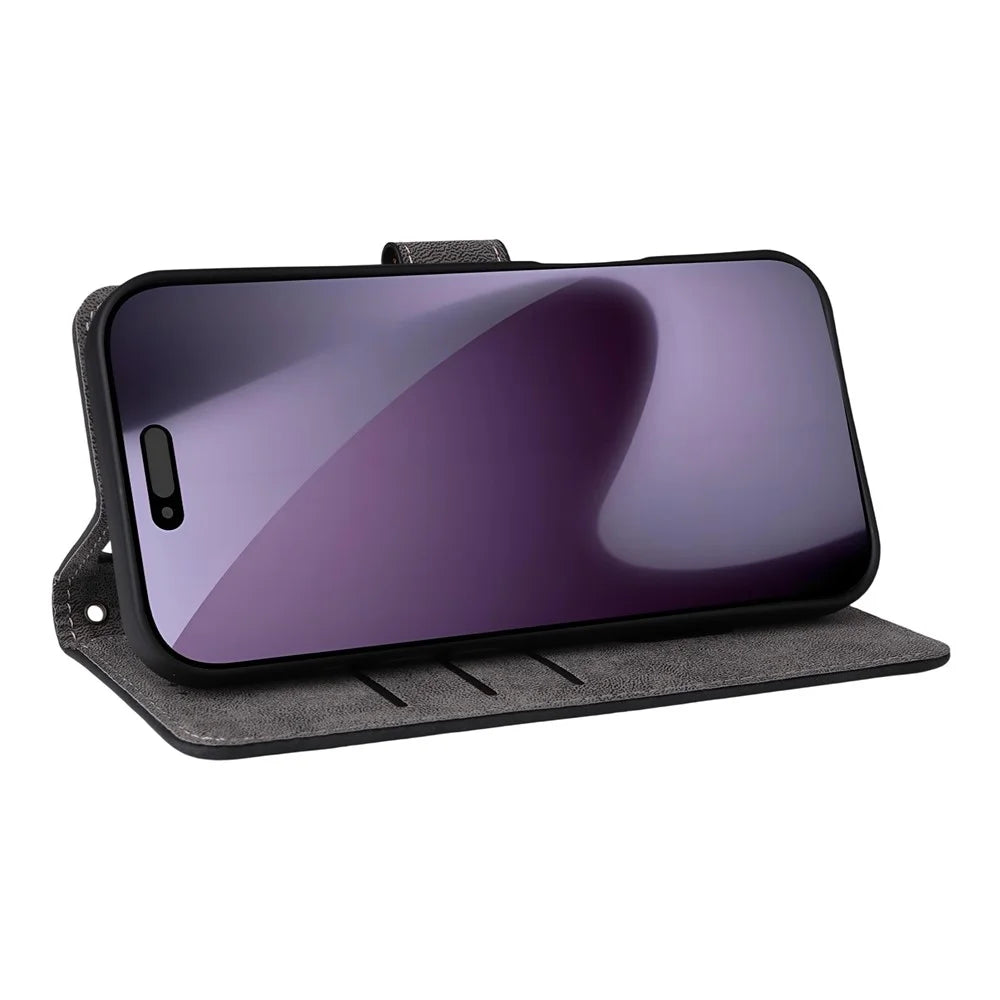 For iPhone 18 Pro Max / 17 Pro Max Case Wallet RFID Blocking PU Leather Phone Cover Stand with Strap - Black - 4