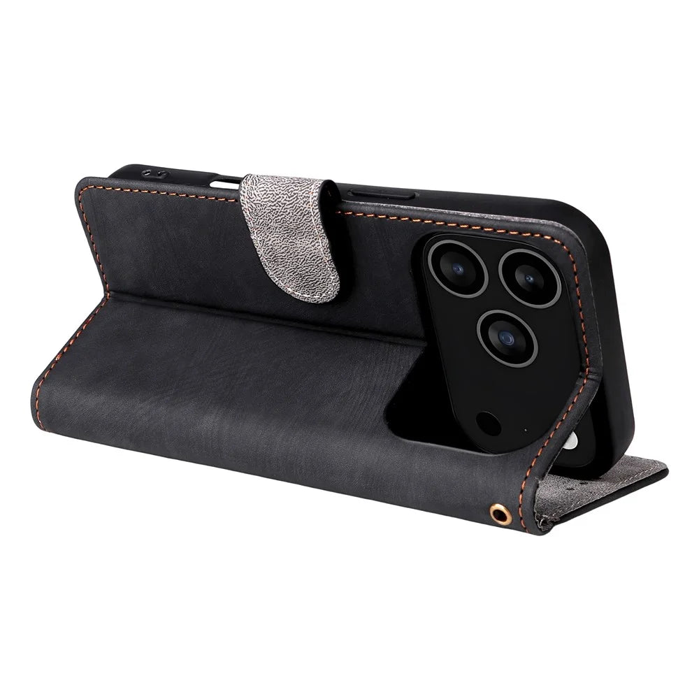 For iPhone 18 Pro Max / 17 Pro Max Case Wallet RFID Blocking PU Leather Phone Cover Stand with Strap - Black - 5