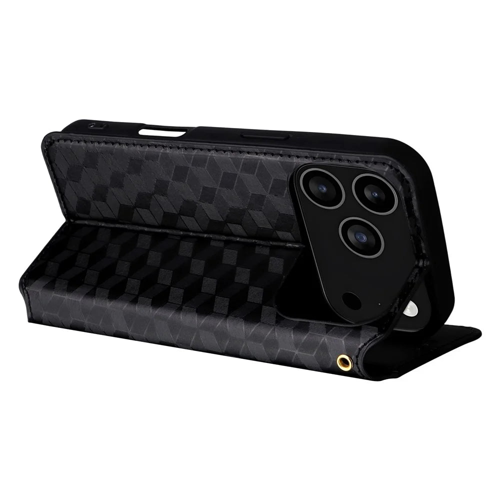 For iPhone 18 Pro Max / 17 Pro Max Case Wallet Rhombus Imprinted Leather Phone Cover - Black - 5