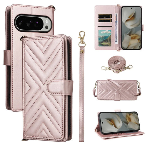 For Google Pixel 10 Pro XL Case with Shoulder  /  Wrist Strap Leather Phone Cover Stand Wallet - Pink - 1