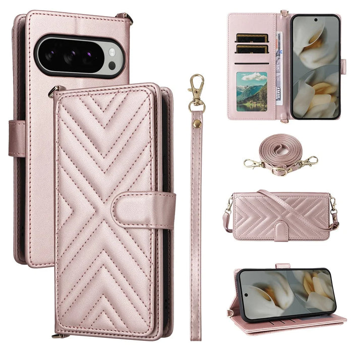 For Google Pixel 10 Pro XL Case with Shoulder  /  Wrist Strap Leather Phone Cover Stand Wallet - Pink - 1