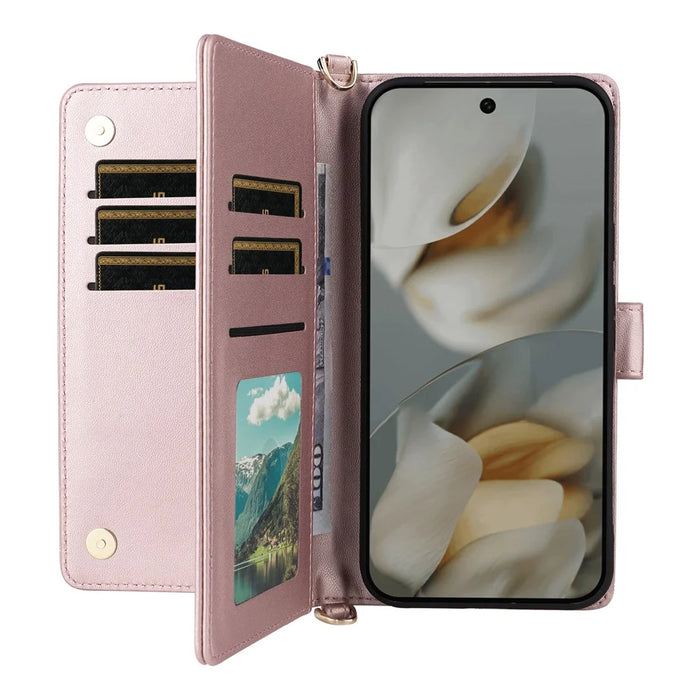 For Google Pixel 10 Pro XL Case with Shoulder  /  Wrist Strap Leather Phone Cover Stand Wallet - Pink - 2
