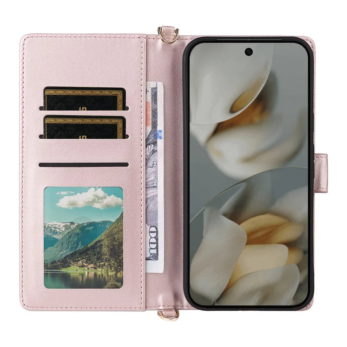 For Google Pixel 10 Pro XL Case with Shoulder  /  Wrist Strap Leather Phone Cover Stand Wallet - Pink - 3