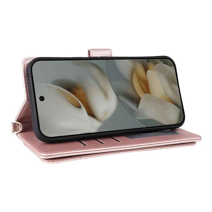For Google Pixel 10 Pro XL Case with Shoulder  /  Wrist Strap Leather Phone Cover Stand Wallet - Pink - 5