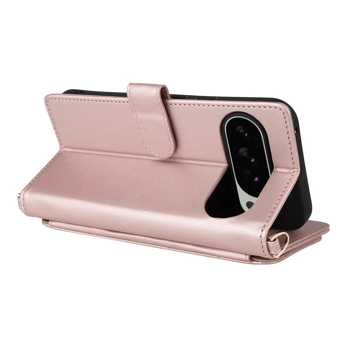 For Google Pixel 10 Pro XL Case with Shoulder  /  Wrist Strap Leather Phone Cover Stand Wallet - Pink - 6