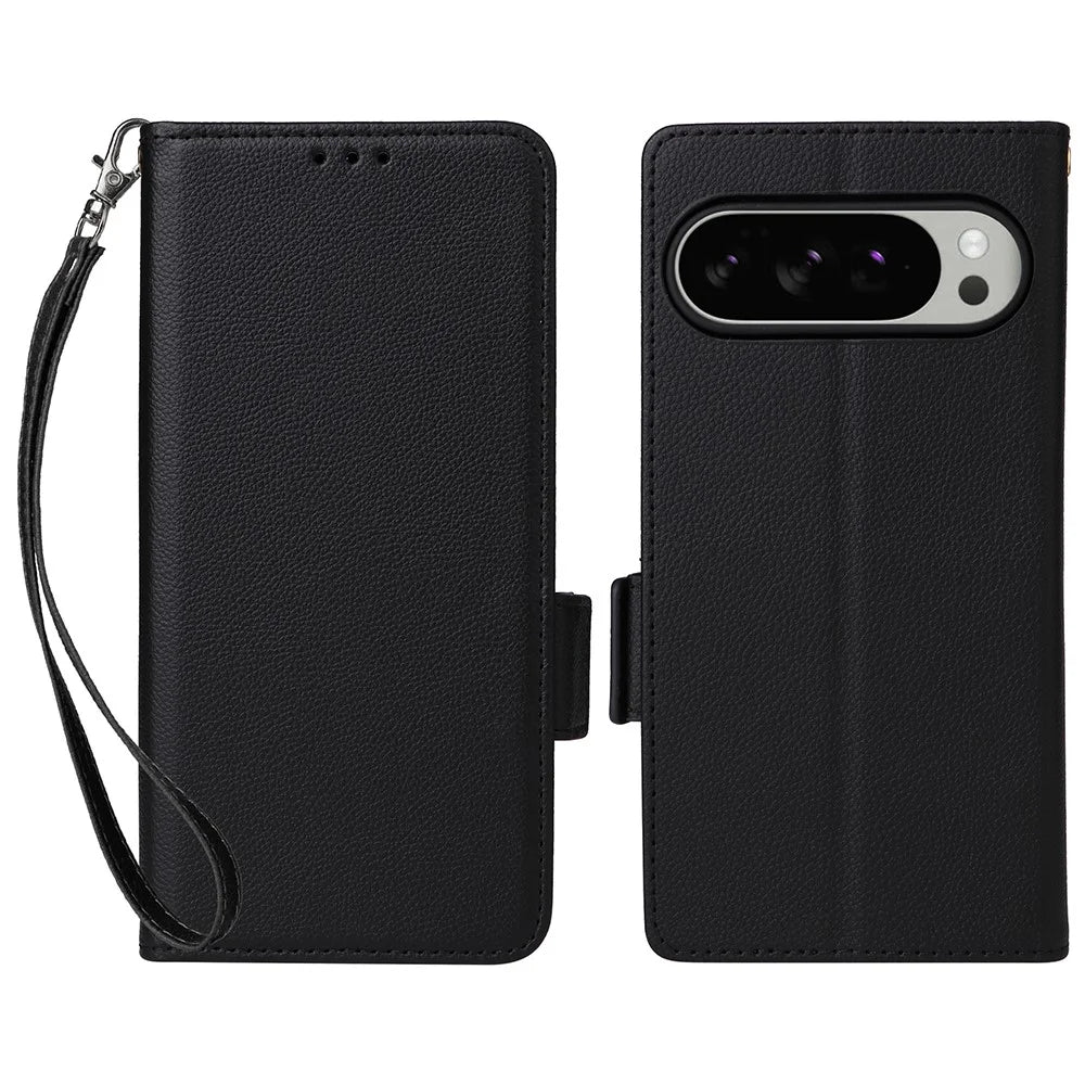 For Google Pixel 10 Pro XL Case with Wrist Strap Litchi Texture PU Leather Wallet Phone Cover - Black - 1