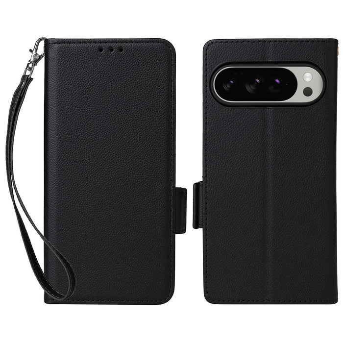For Google Pixel 10 Pro XL Case with Wrist Strap Litchi Texture PU Leather Wallet Phone Cover - Black - 1