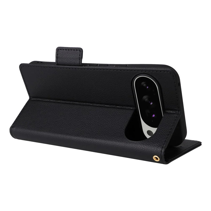 For Google Pixel 10 Pro XL Case with Wrist Strap Litchi Texture PU Leather Wallet Phone Cover - Black - 4