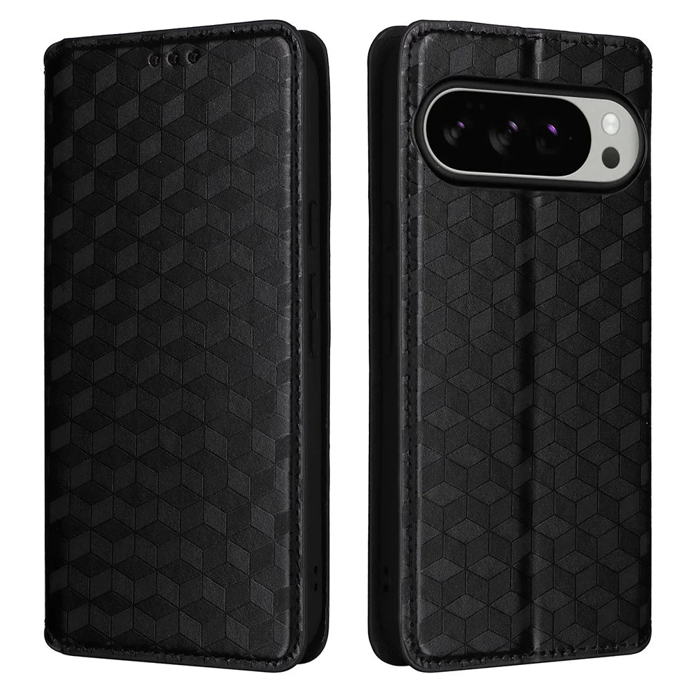 For Google Pixel 10 Pro XL Case Wallet Rhombus Imprinted Leather Phone Cover - Black - 1