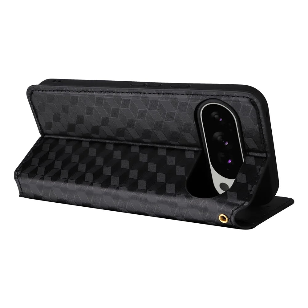 For Google Pixel 10 Pro XL Case Wallet Rhombus Imprinted Leather Phone Cover - Black - 5