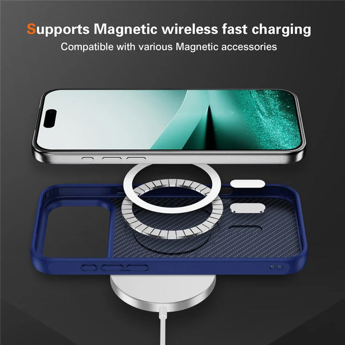 For iPhone 17 Pro Case Carbon Fiber Texture PC + TPU Phone Cover Compatible with MagSafe - Blue - 7