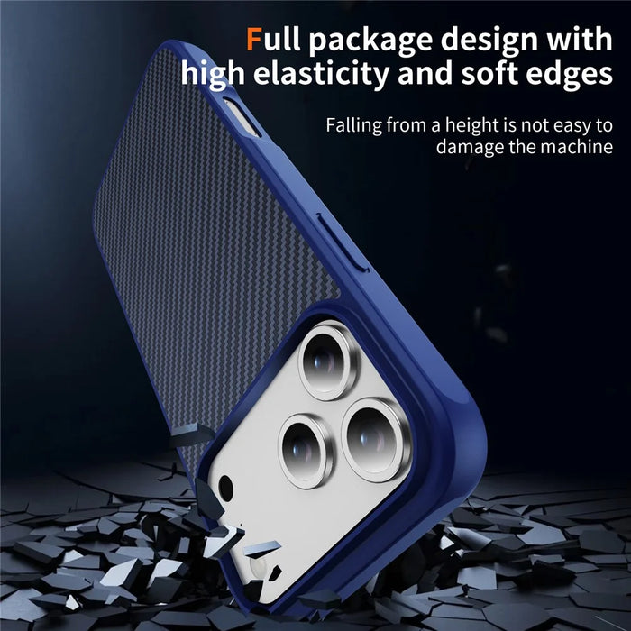 For iPhone 17 Pro Max Case Carbon Fiber Texture PC + TPU Phone Cover Compatible with MagSafe - Blue - 4