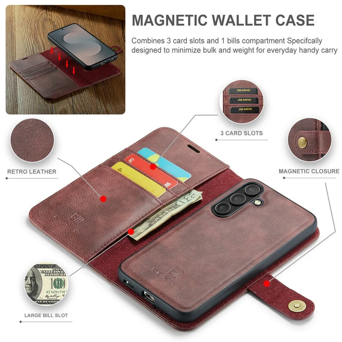 DG.MING for Samsung Galaxy S25 FE Case Detachable Split Leather Phone Cover - Red - 6
