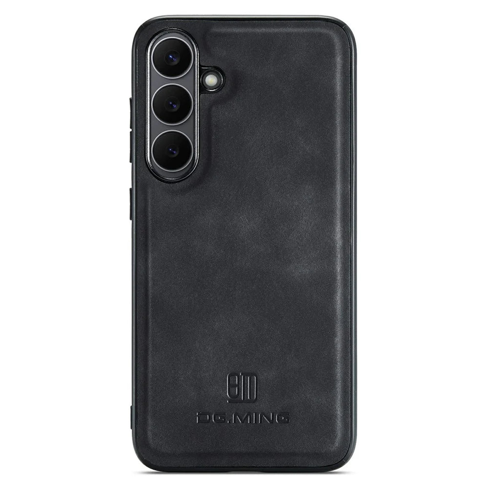 DG.MING For Samsung Galaxy S25 FE Case PU Leather Covered PC + TPU Hybrid Phone Shell - Black - 1